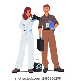 Two Police Officers At A Crime Scene. One Officer Is In A White Forensic Suit Holding A Camera And The Other Holding A File And A Suitcase. Criminalist Characters And Documenting The Crime Scene