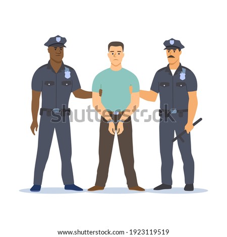 Two police officers of different skin colors arresting the criminal. They hold his hands, the criminal is handcuffed. Vector illustration. Foto d'archivio © 