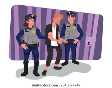 Two Police Officers Escort A Handcuffed Man In A Jail Setting. Cartoon Officers Maintain Firm Grips As They Lead Him, Symbolizing Law Enforcement, Arrest, And Detention In A Secure Facility.