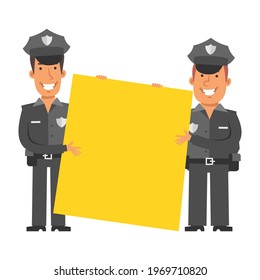 Two police officers holding big blank sign and smiling. Vector characters. Vector illustration