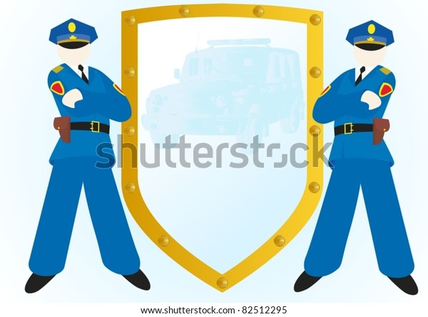 Two police officers standing near the shield\
with the image of the police\
car