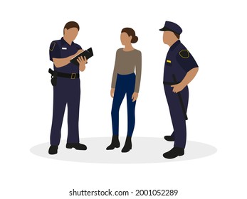 Two Police Officers In Uniform And Female Character Together On A White Background