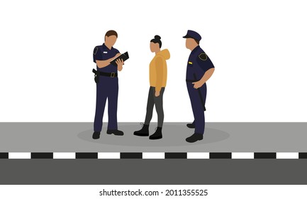 Two police officers in uniform and a female character stand on the sidewalk