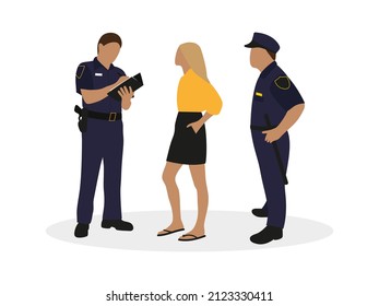 Two Police Officers In Uniform And Female Character Together On A White Background