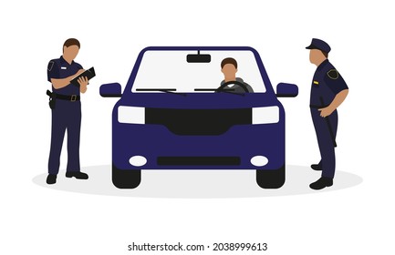 Two Police Officers In Uniform Surrounded A Car With A Driver On A White Background