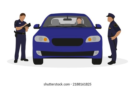 Two Police Officers In Uniform Surrounded A Car With A Driver On A White Background