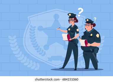 Two Police Women Holding Boxes With Office Staff Fired Wearing Uniform Female Guards On Blue Bricks Background Flat Vector Illustration