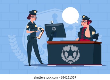 Two Police Women Working On Computer Wearing Uniform Female Guards On Blue Bricks Background Flat Vector Illustration