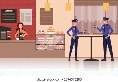 Two police workers drinking coffee in cafe store shop. Vector flat graphic design cartoon illustration