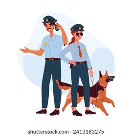 Dos policías con perro. Hombre y mujer con uniforme de policía con mascota al menos. Los guardias y los oficiales investigan el crimen. Seguridad y protección en las calles de la ciudad. Dibujo vectorial plano de dibujos animados