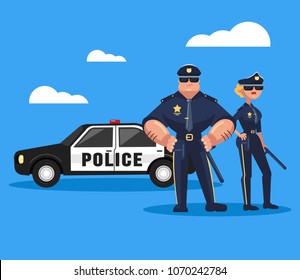Two policeman man and woman officer characters standing near police car with serious face expression. Teamwork cop concept. Vector flat graphic design isolated element illustration 