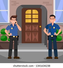 Two Policemen at Door Flat Vector Illustration. Happy Guardians with Radio Transmitter near House Cartoon Characters. Security Agency Staff. Police Officers on Mission. Property Protection