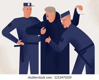 Two policemen dressed in uniform holding search male suspect or criminal. Man inspected by pair of police officers. Legal procedure, law enforcement. Flat cartoon characters. Vector illustration.