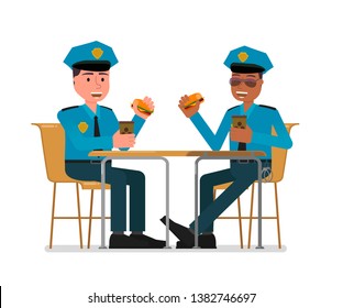 Two policemen have lunch in the cafeteria. Isolated on a white background.