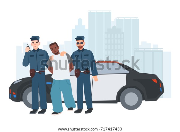 Two policemen in uniform standing near\
police car with caught criminal against city buildings on\
background. Arrested thief escorted by pair of cops. Cartoon\
characters. Colorful vector\
illustration.