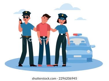 Two policemen and woman arrested criminal and handcuffed him. Lawbreaker punishment. Detention of male citizen, cops and hooligan character. Cartoon flat style isolated vector concept
