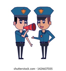 two policemen working policeman using peripone avatar cartoon character vector illustration graphic design