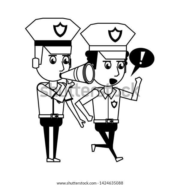 two
policemen working policeman using megaphone avatar cartoon
character vector illustration graphic
design