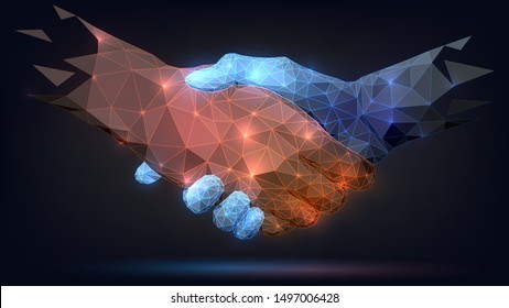 Two poligonal glowing hands, handshake, technology, business, trust concept