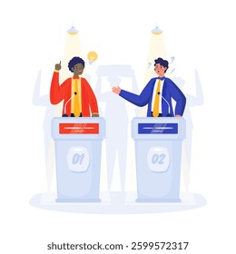 Two political candidates are debating on stage for election vote day, Difference of arguments, Asking for presentation ideas, Vector illustration