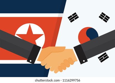 Two politicians handshake in front of an South and North Korean flags. Two flags face to face, symbol for the relationship between the two countries. vector illustration