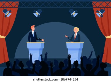 Two politicians taking part in political debates in front of audience isolated flat vector illustration. Cartoon people listening male public speakers on stage. Politics and government concept