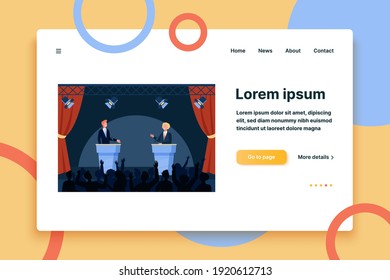 Two politicians taking part in political debates in front of audience isolated flat vector illustration. Cartoon people listening male public speakers on stage. Politics and government concept