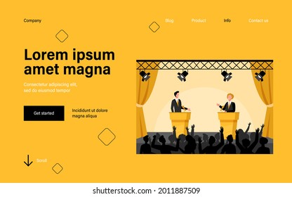 Two politicians taking part in political debates in front of audience isolated flat vector illustration. Cartoon people listening male public speakers on stage. Politics and government concept