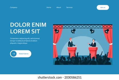 Two politicians taking part in political debates in front of audience isolated flat vector illustration. Cartoon people listening male public speakers on stage. Politics and government concept
