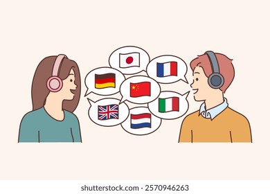 Two polyglots in headphones communicate in different languages, stand near dialogue clouds with country flags. Male and female polyglots use artificial intelligence translator for online chatting