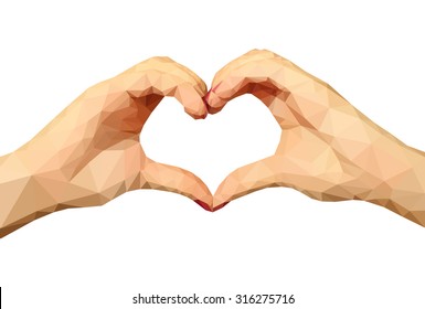 Two polygonal hands folded in the form of a heart on a white background