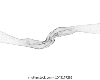 Two polygonal hands touch each other. 3D. Background with hands isolated. Vector illustration.