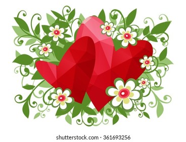 Two polygonal hearts with cartoon flowers on a white background.
