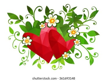 Two polygonal hearts and flowers on a white background.