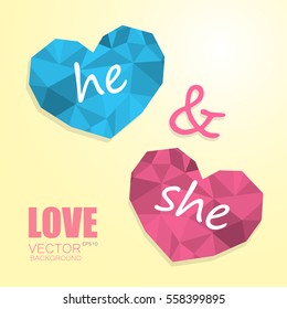 Two polygonal hearts symbol of man and woman isolated on beige gradient background with inscription