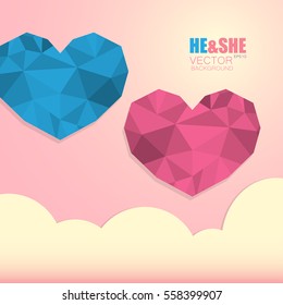 Two polygonal hearts symbol of man and woman isolated on light pink background with clouds and the inscription