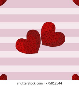Two Polygonal hearts vector. Symbol of love, wedding or valentines day in pink strip seamless background.