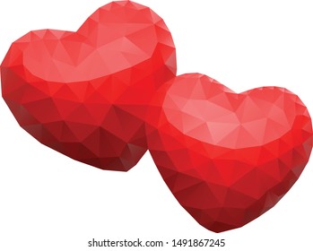 two polygonal red hearts isolated