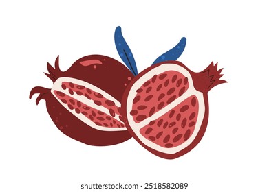 Two pomegranates isolated on white background. Ripe fruits and leaves composition. Vector hand drawn illustration