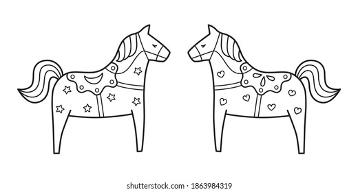 Two ponies facing each other. Outline vector of cute horses isolated on a white background. For print, pattern, children's clothing, holiday decorations, postcards, nursery, stationery, coloring pages