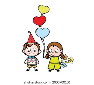 Two Ponytail Cartoon Girl and boy celebrate birthday