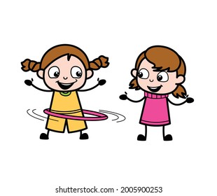 Two Ponytail Cartoon Girl and friend hula hoops