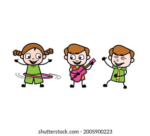 Two Ponytail Cartoon Girl and kids dancing