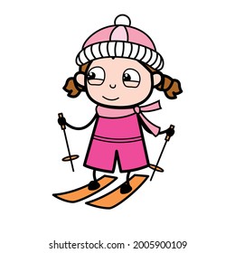 Two Ponytail Cartoon Girl skeeing