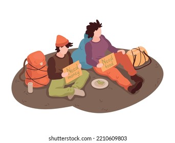 Two poor homeless people with backpacks asking for money 3d isometric vector illustration
