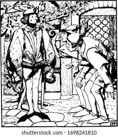 Two poor men bowed down in front of the another man in rich attire, vintage line drawing or engraving illustration