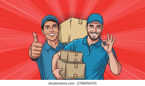 Zwei Pop-Art-Stil Lieferung Jungs mit Boxen lächeln