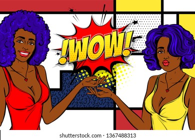 Two pop art wow face women. Wow, omg emotion. Comic book style. Blue hair black african girl pin up art. Halftone background. Female cartoon character. Happy smile surprised emotion.
