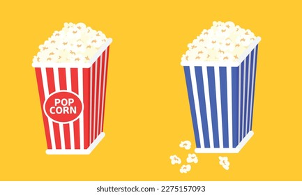 Two popcorn boxes with the word popcorn on them. Blue and red packs of popcorn. Vector illustration.