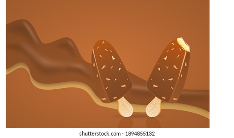 Two popsicle sticks of vanilla ice cream coated with chocolate and peanut with flowing of chocolate and vanilla liquid on brown background with free copy space. One ice cream stick has been bitten.